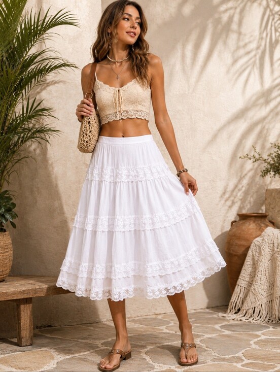 younger Dresses & Skirts - Vintage Cottagecore White Lace Tiered Midi Skirt Y2K Boho Prairie